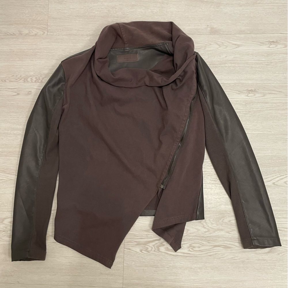 Blank NYC Brown and Black FauxLeather Jacket with Draped Neckline